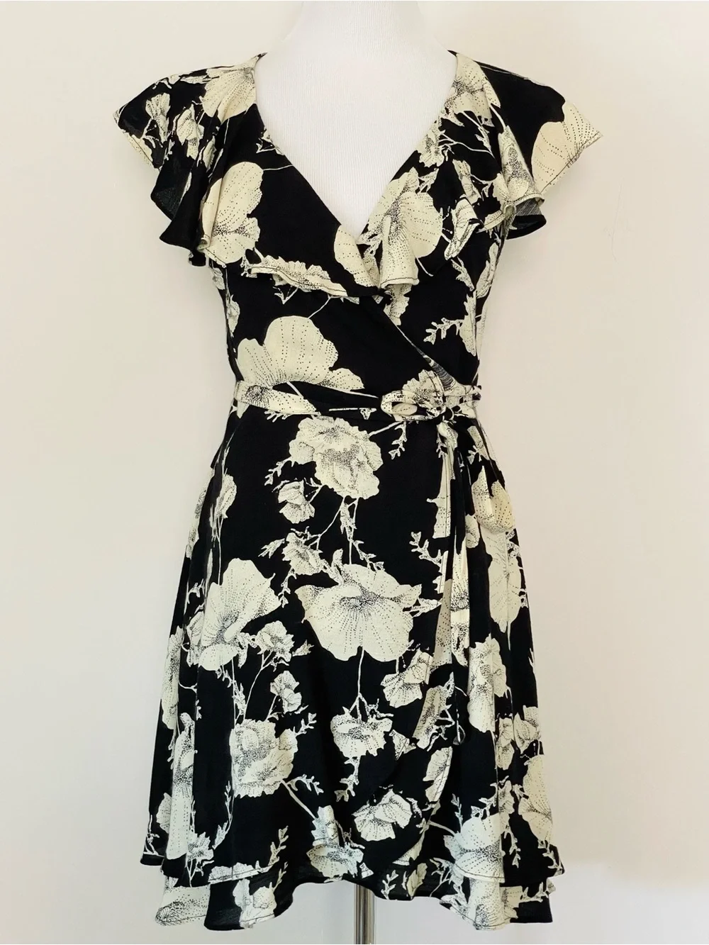 Free People French Quarter Floral Wrap Dress - Black & Cream Size Small